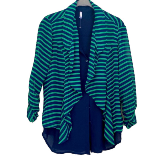 Lightweight Stripe Waterfall Collar Cardigan Size Large Green Navy Stripe NWOT - Picture 1 of 7
